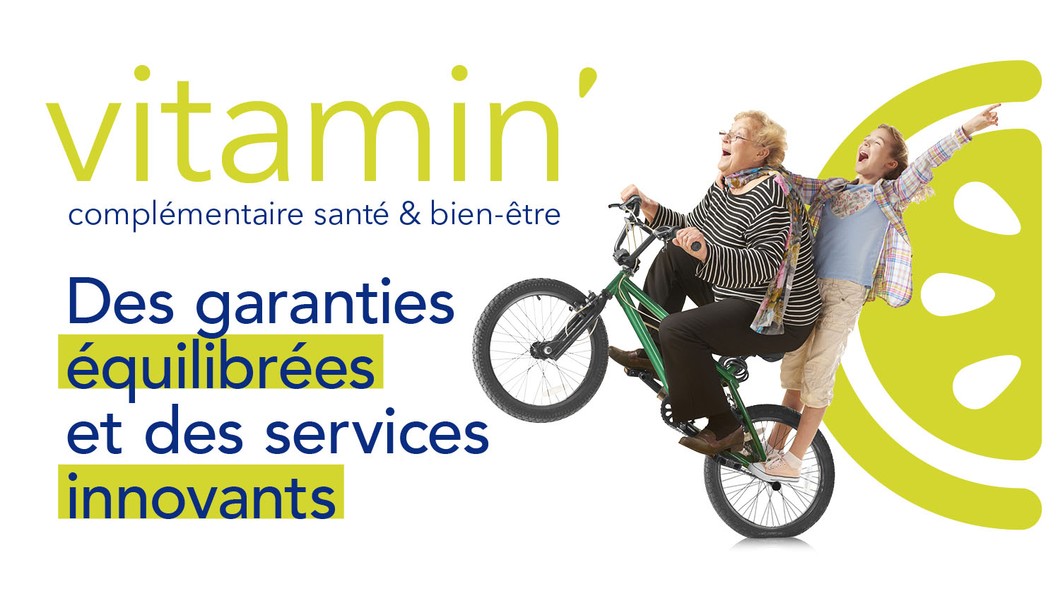 Affiche avec le logo Vitamin', une femme agée sur un vélo avec sa petite fille à l'arrière
