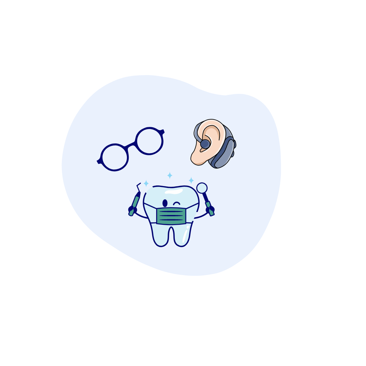 Icône optique, dentaire et audiologie : une dent, une oreille appareillée et une paire de lunette