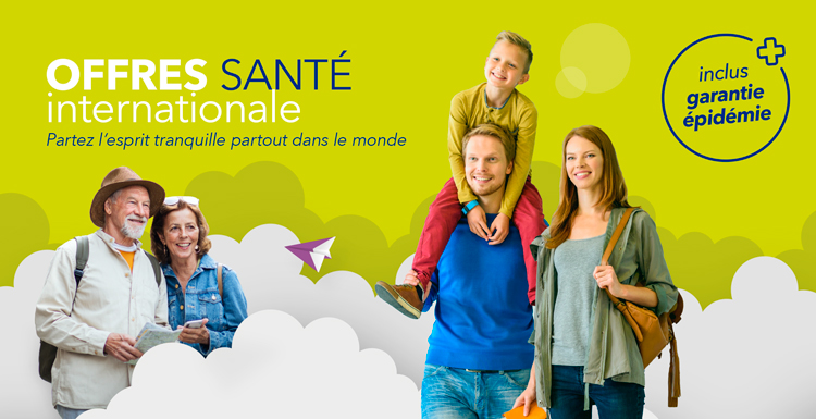 Offres santé internationale ! Visuel comprenant un couple en vavances, ils tiennent une carte pour se repérer. Ainsi qu'un autre couple avec un enfant sur le dos du papa.